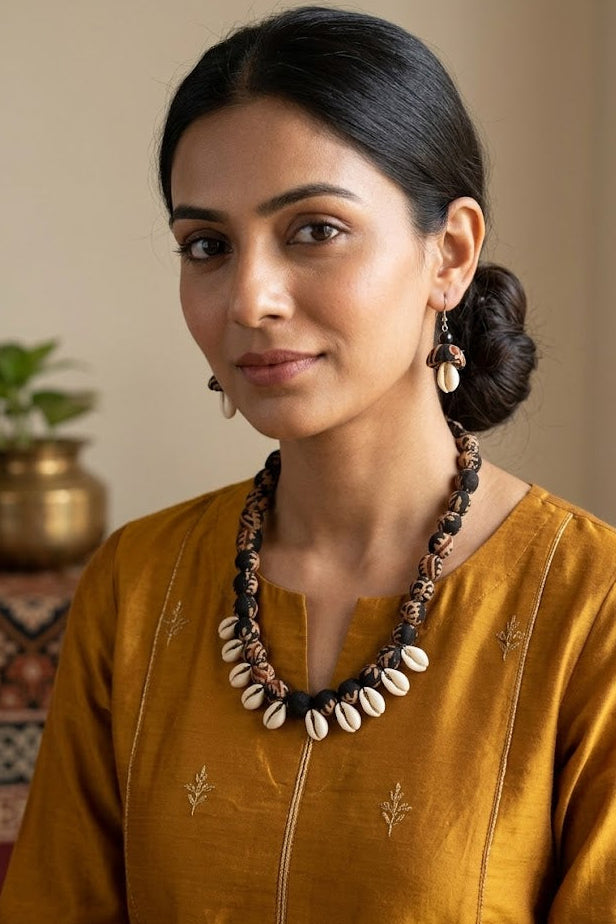 Fabric & Cowrie Shell Necklace Set