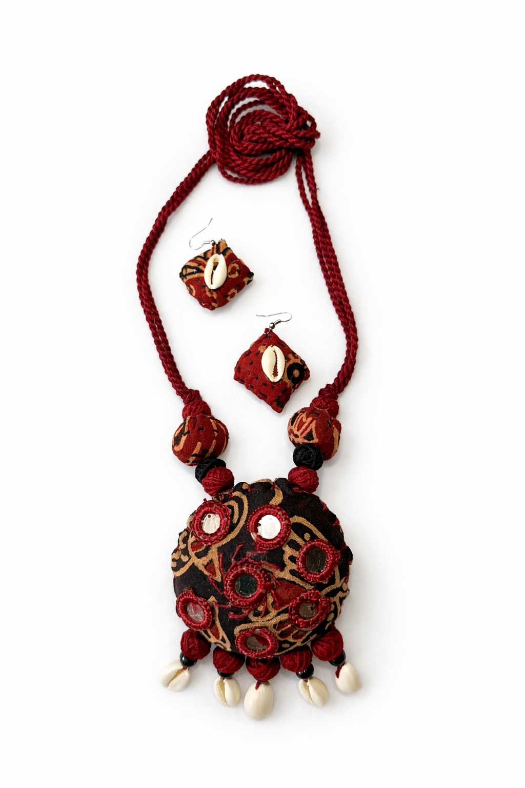 Boho Tribal Fabric Necklace Set with Cowrie Shells