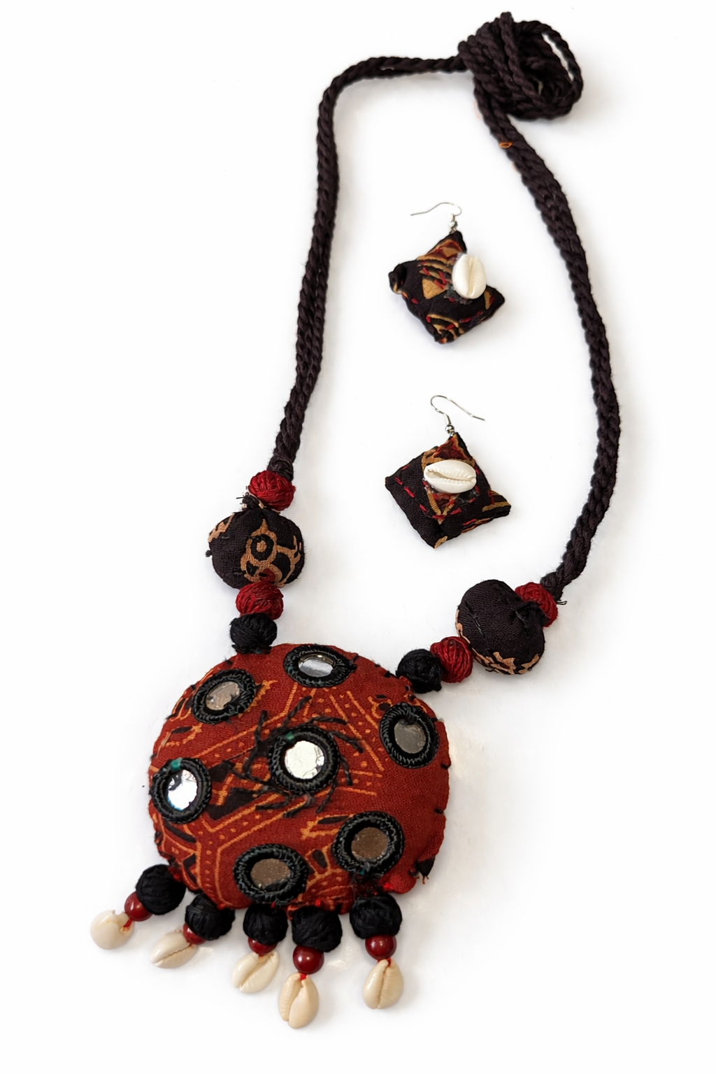 Boho Tribal Fabric Necklace Set with Cowrie Shells