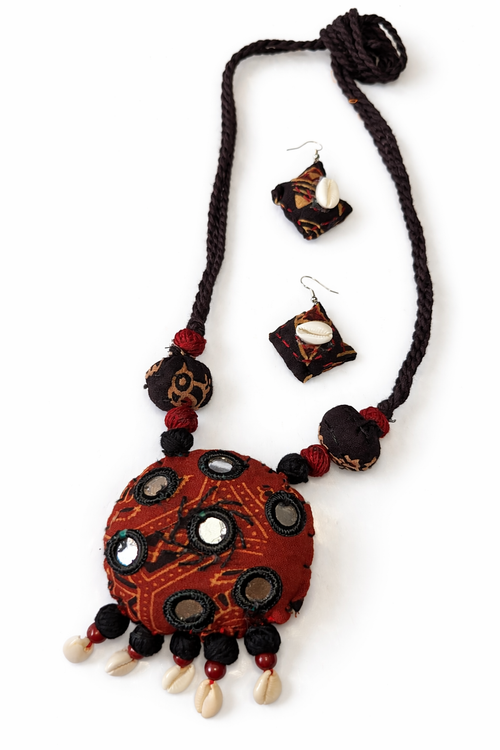 Boho Tribal Fabric Necklace Set with Cowrie Shells