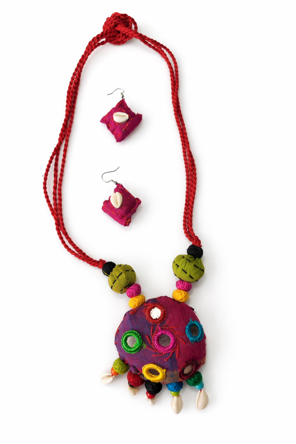 Boho Tribal Fabric Necklace Set with Cowrie Shells