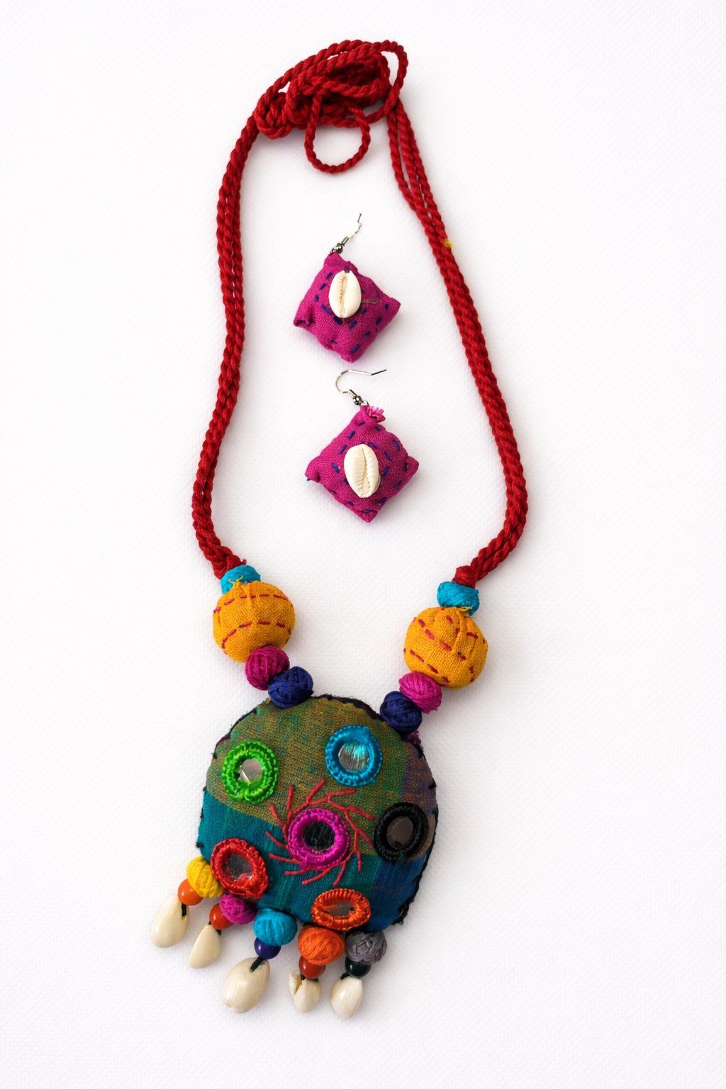 Boho Tribal Fabric Necklace Set with Cowrie Shells