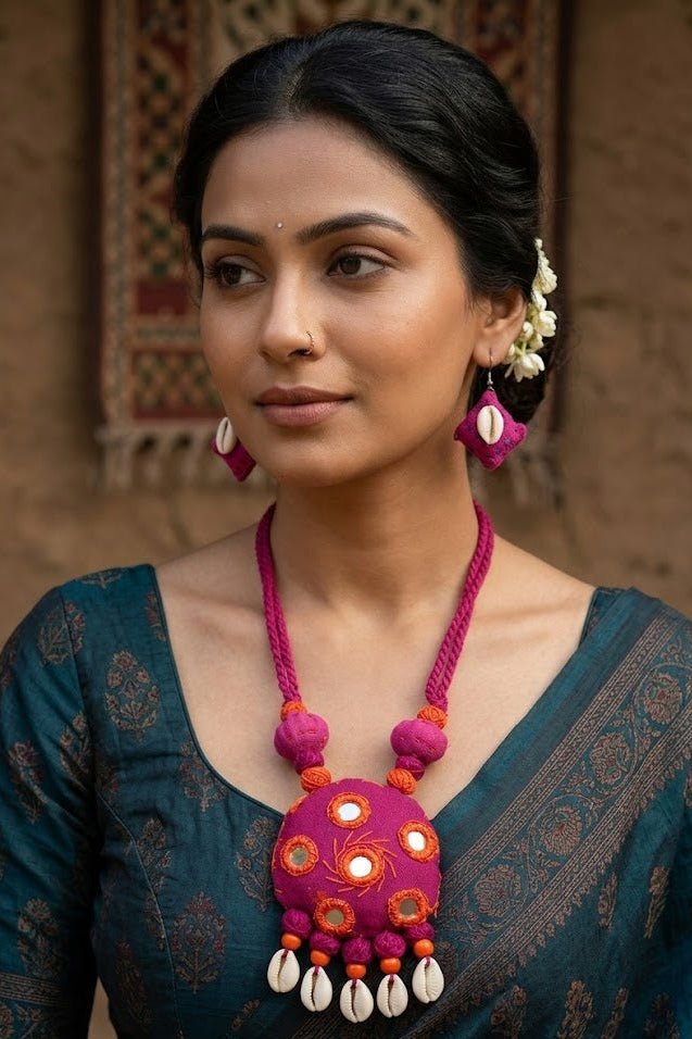 Boho Tribal Fabric Necklace Set with Cowrie Shells