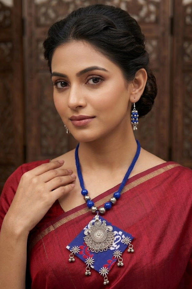 Mandala Indigo Fabric Pendant Necklace Set