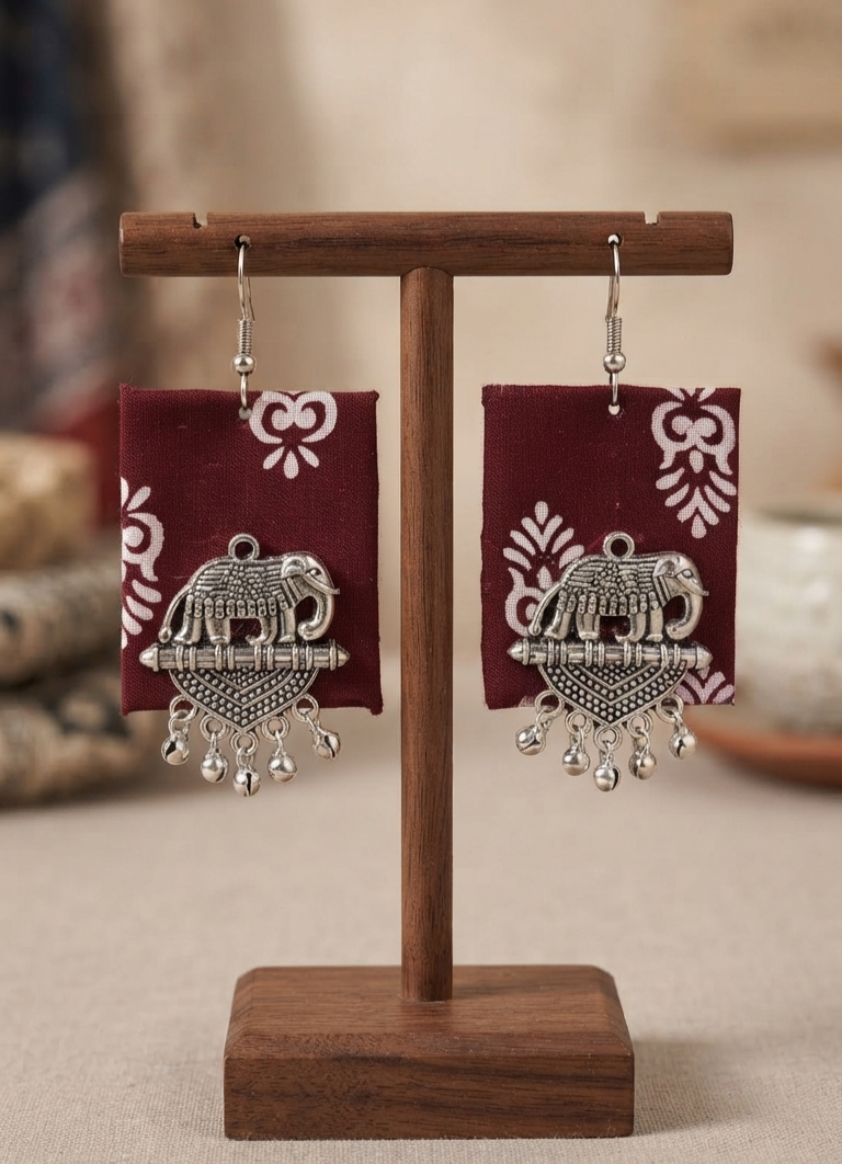 Ajrak Elephant Charm Fabric Earrings