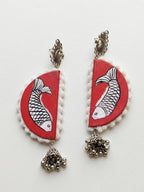 Red Fish Fabric Earrings with Jhumka Drops