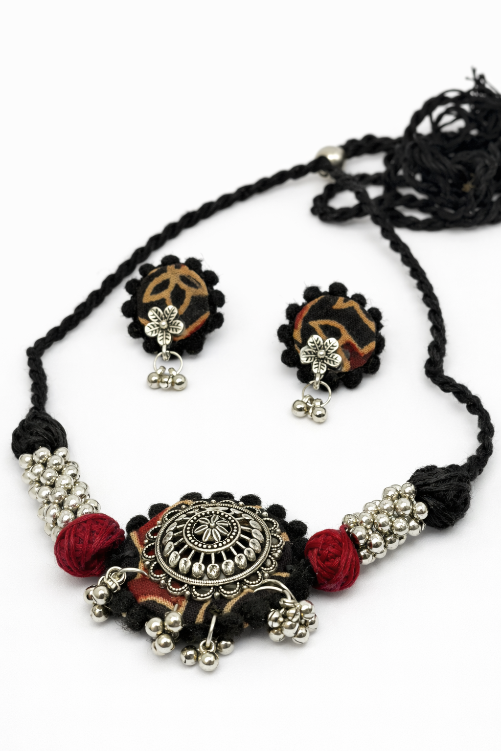 Rustic Tribal Fabric Choker Set with Silver Detailing