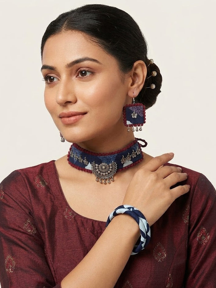 Boho Fabric Choker Set with Earrings & Bangles