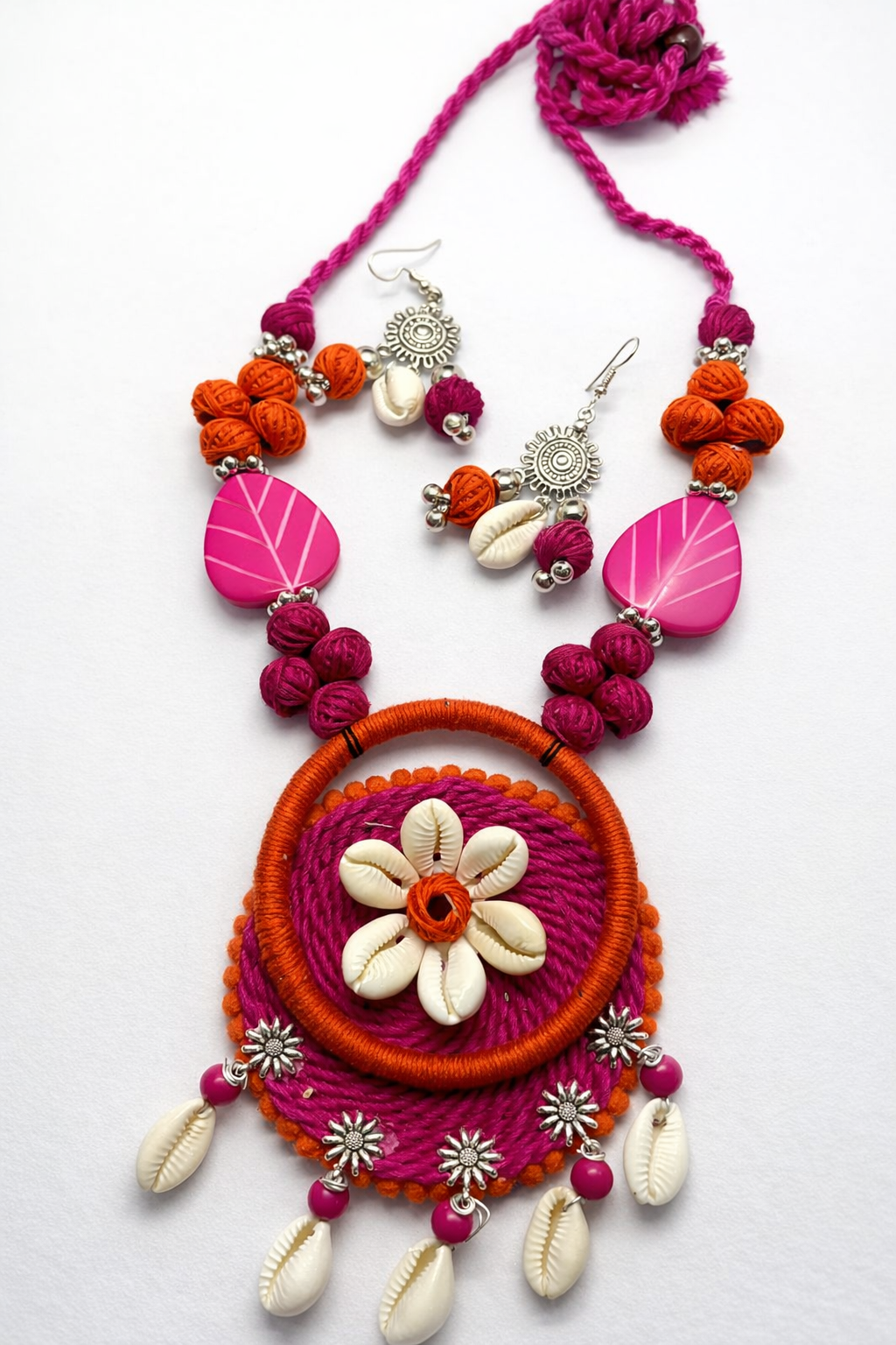 Boho Pink & Orange Cowrie Shell Necklace Set